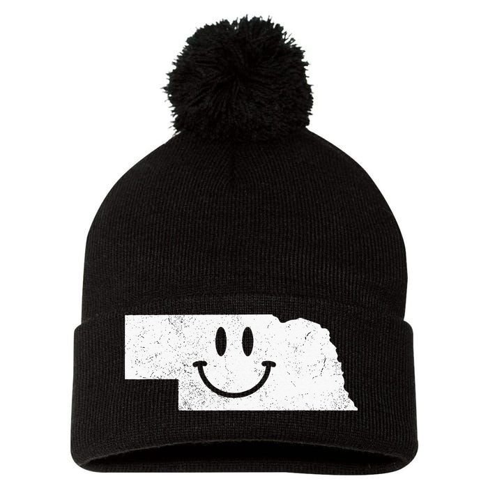 Smiling In NE – Funny Nebraska Happy Face Pom Pom 12in Knit Beanie