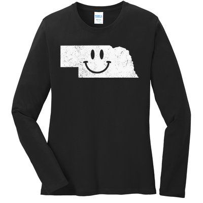 Smiling In NE – Funny Nebraska Happy Face Ladies Long Sleeve Shirt