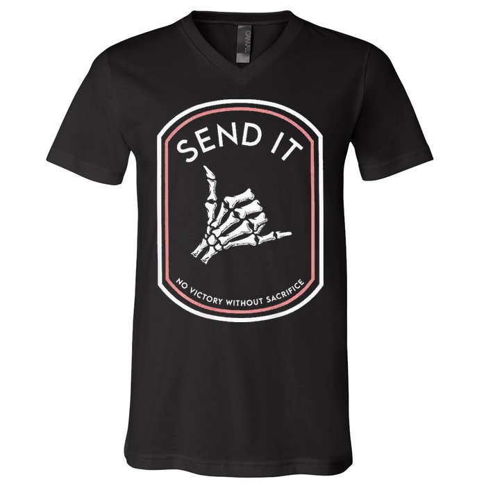 Send It No Victory Without Sacrifice (on back) V-Neck T-Shirt