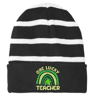 Shamrock Irish One Lucky Teacher St Patrick’s Day Striped Beanie with Solid Band