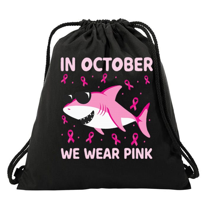 Shark In October We Wear Pink Breast Cancer Drawstring Bag