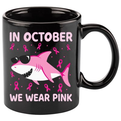 Shark In October We Wear P.I.N.K Breast Cancer 11oz C Handle Ceramic Mug