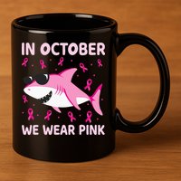 Shark In October We Wear P.I.N.K Breast Cancer 11oz C Handle Ceramic Mug