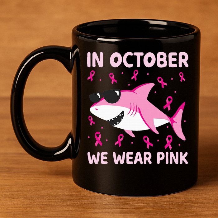 Shark In October We Wear P.I.N.K Breast Cancer 11oz C Handle Ceramic Mug