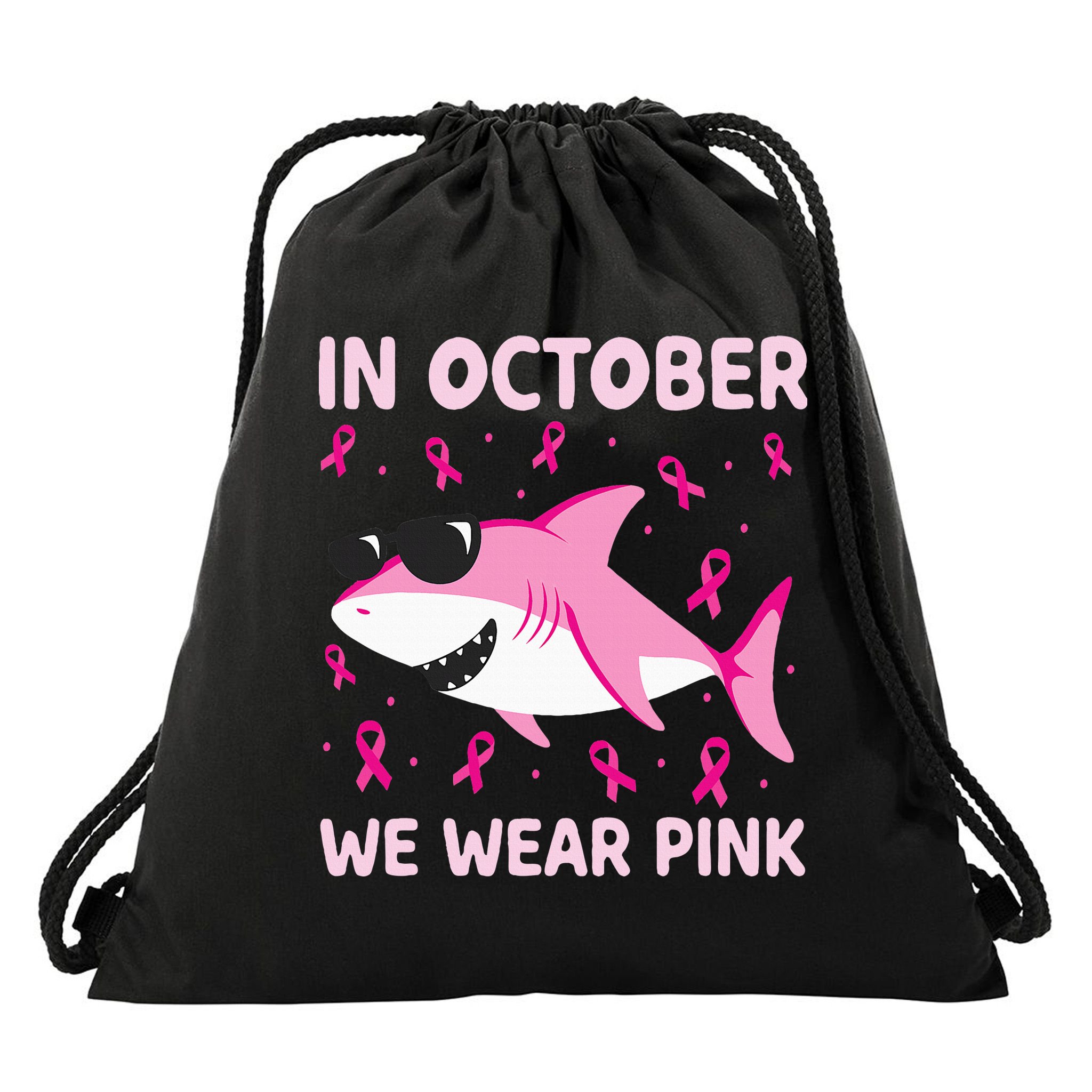 Shark In October We Wear P.I.N.K Breast Cancer Drawstring Bag