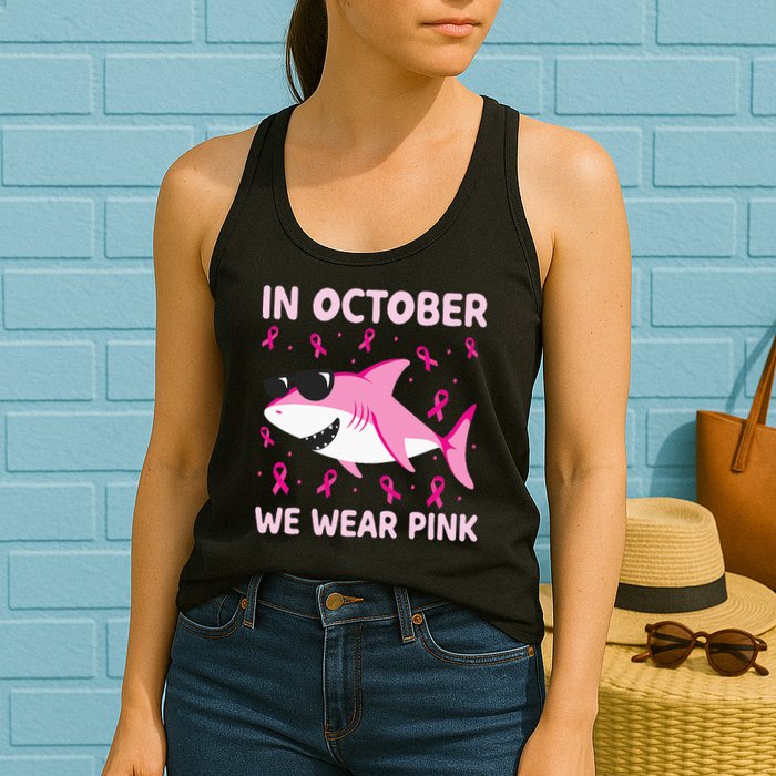 Shark In October We Wear P.I.N.K Breast Cancer Womens Tank Top