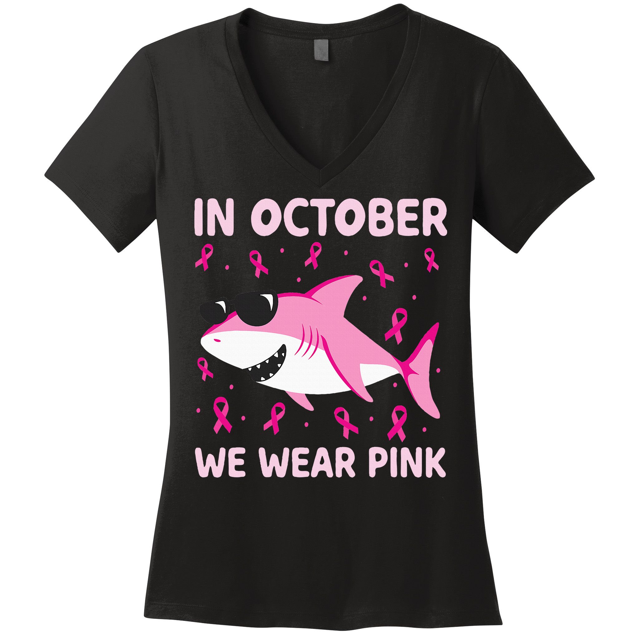 Shark In October We Wear P.I.N.K Breast Cancer Women's V-Neck T-Shirt