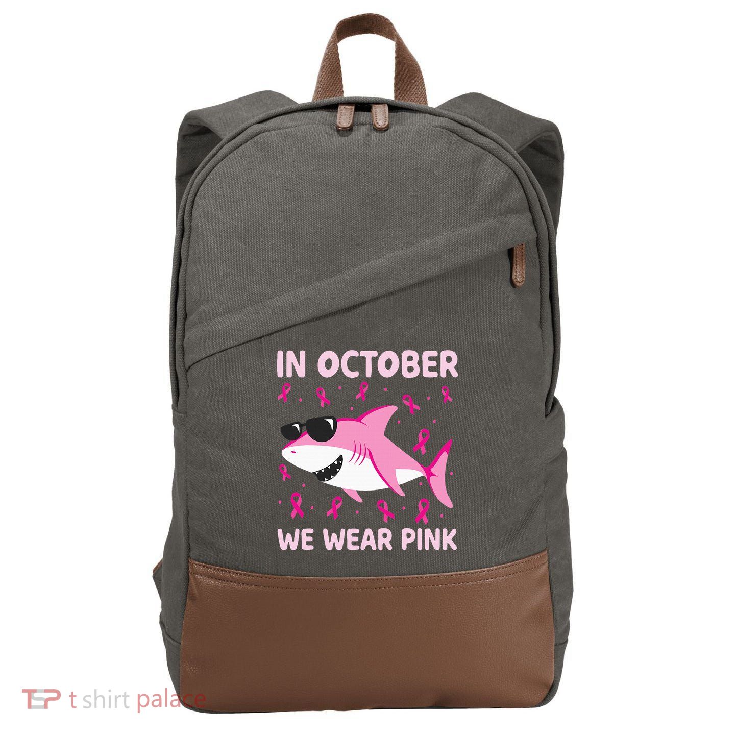 Shark In October We Wear P.I.N.K Breast Cancer Cotton Canvas Backpack