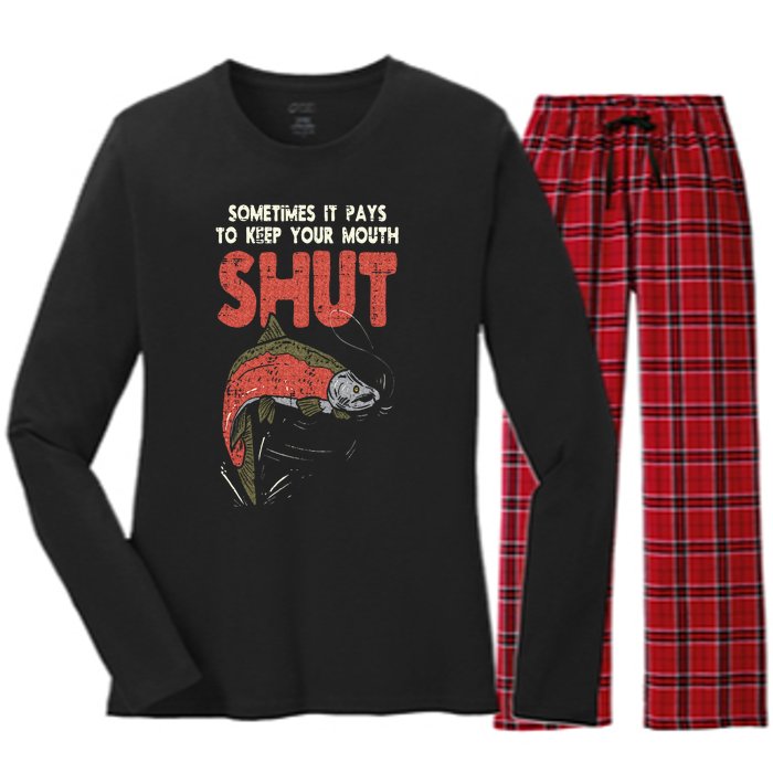 Sometimes It Pays Keep Mouth Shut Funny Fish Fishing Angler Women's Long Sleeve Flannel Pajama Set 