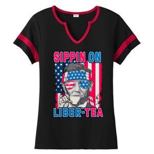 Sippin On Liberty 4th of July Abraham Lincoln Ladies Halftime Notch Neck Tee