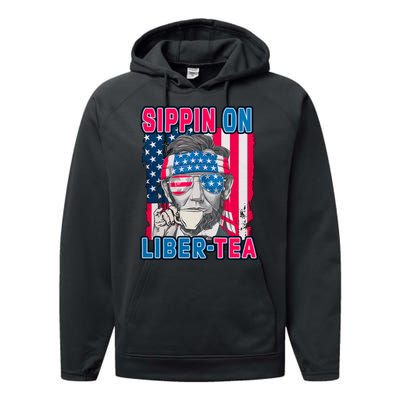 Sippin On Liberty 4th of July Abraham Lincoln Performance Fleece Hoodie