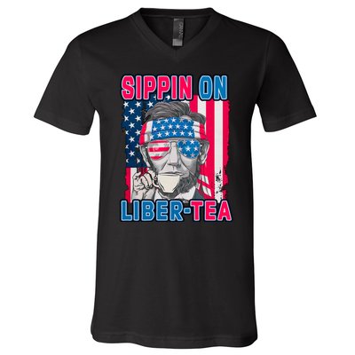 Sippin On Liberty 4th of July Abraham Lincoln V-Neck T-Shirt