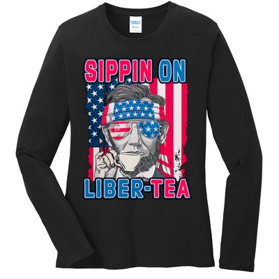 Sippin On Liberty 4th of July Abraham Lincoln Ladies Long Sleeve Shirt