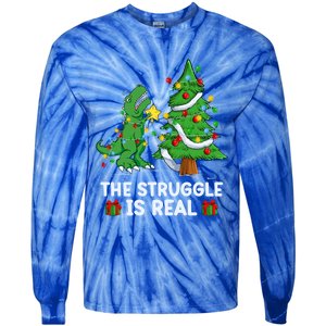 Struggle Is Real Dinosaur Trex Dino Christmas Tree Gift Tie-Dye Long Sleeve Shirt