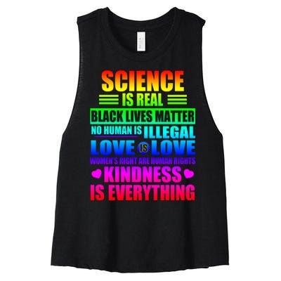 Science Is Real Black Lives Matter No Human Is Illegal Love Is Love Womens Righ Women's Racerback Cropped Tank