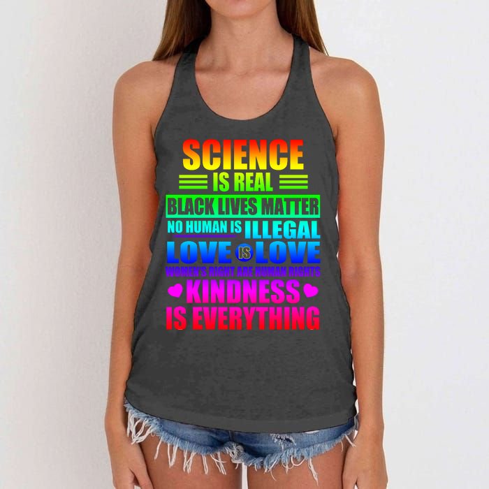 Science Is Real Black Lives Matter No Human Is Illegal Love Is Love Womens Righ Women's Knotted Racerback Tank