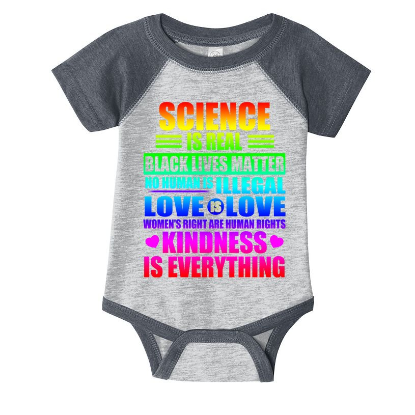 Science Is Real Black Lives Matter No Human Is Illegal Love Is Love Womens Righ Infant Baby Jersey Bodysuit