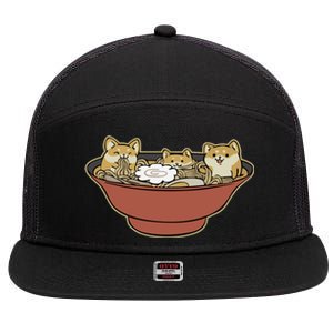 Shiba Inu Ramen Bowl Cute Japanese Kawaii Dog Ramen Lovers 7 Panel Mesh Trucker Snapback Hat