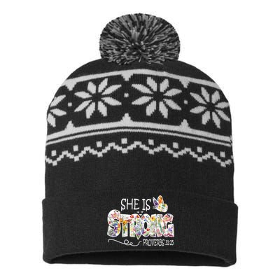 She Is Strong Proverbs 31:25 Bible Verse USA-Made Snowflake Beanie