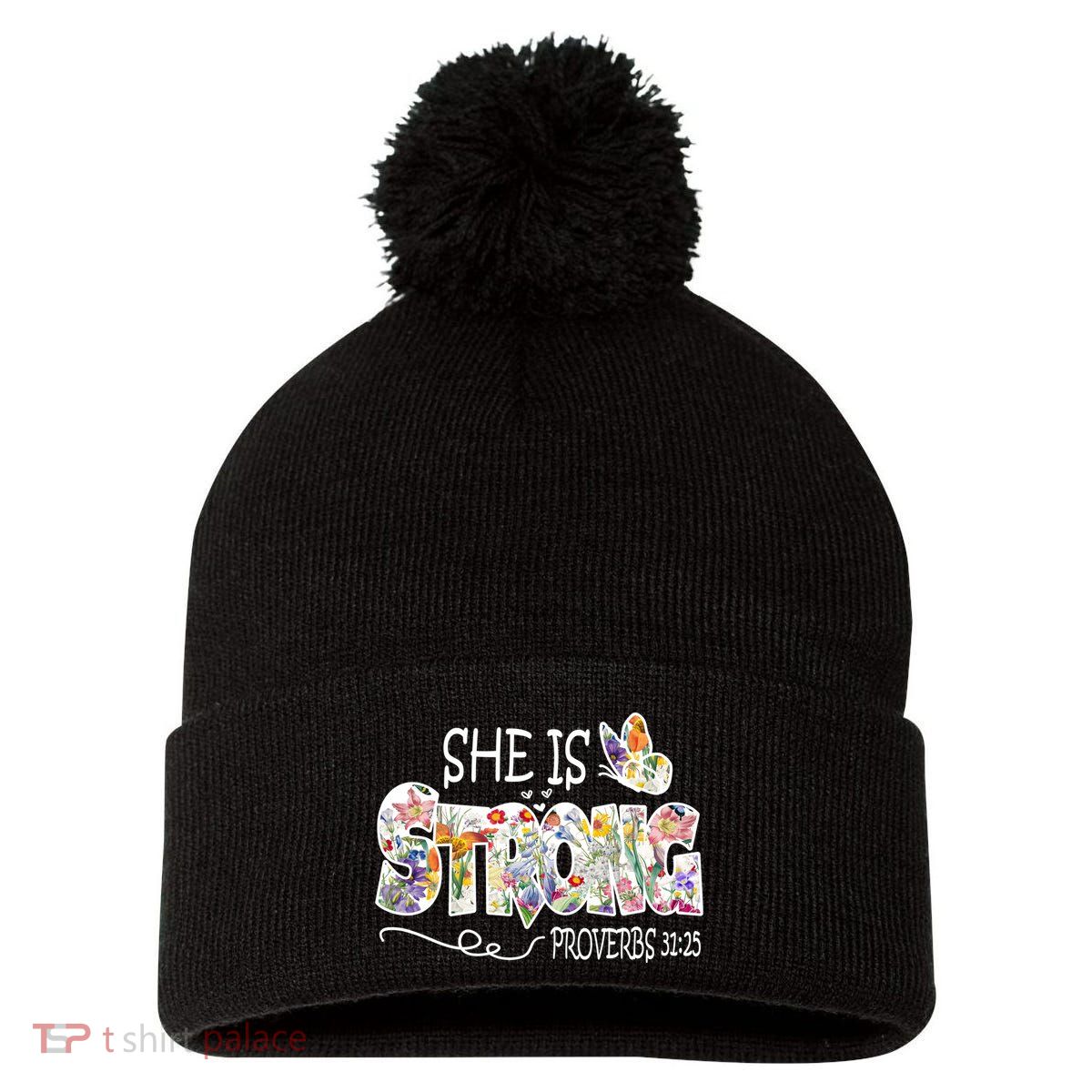 She Is Strong Proverbs 31:25 Bible Verse Pom Pom 12in Knit Beanie