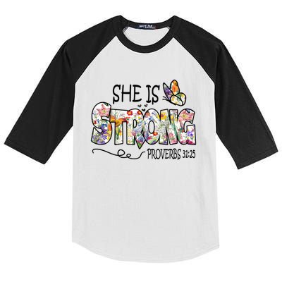 She Is Strong Proverbs 31:25 Bible Verse Kids Colorblock Raglan Jersey