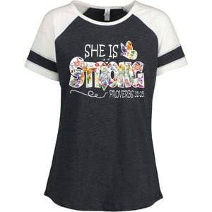 She Is Strong Proverbs 31:25 Bible Verse Enza Ladies Jersey Colorblock Tee