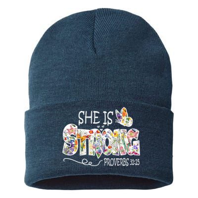 She Is Strong Proverbs 31:25 Bible Verse Sustainable Knit Beanie