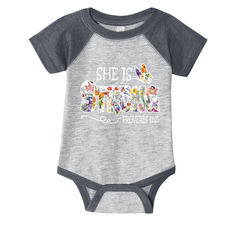 She Is Strong Proverbs 31:25 Bible Verse Infant Baby Jersey Bodysuit