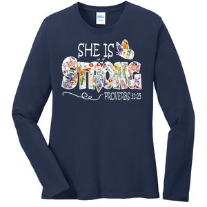 She Is Strong Proverbs 31:25 Bible Verse Ladies Long Sleeve Shirt