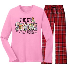 She Is Strong Proverbs 31:25 Bible Verse Women's Long Sleeve Flannel Pajama Set 