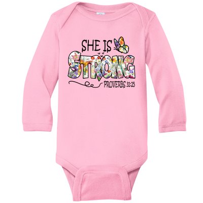 She Is Strong Proverbs 31:25 Bible Verse Baby Long Sleeve Bodysuit