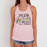 She Is Strong Proverbs 31:25 Bible Verse Women's Knotted Racerback Tank