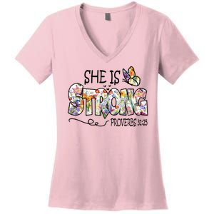 She Is Strong Proverbs 31:25 Bible Verse Women's V-Neck T-Shirt