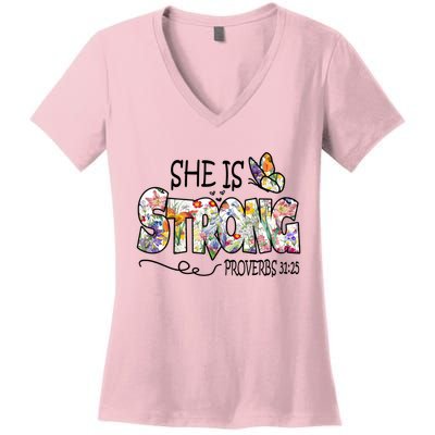 She Is Strong Proverbs 31:25 Bible Verse Women's V-Neck T-Shirt