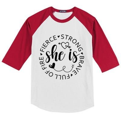 She Is Strong Fierce Brave Full Of Fire Feminist Strong Gift Kids Colorblock Raglan Jersey