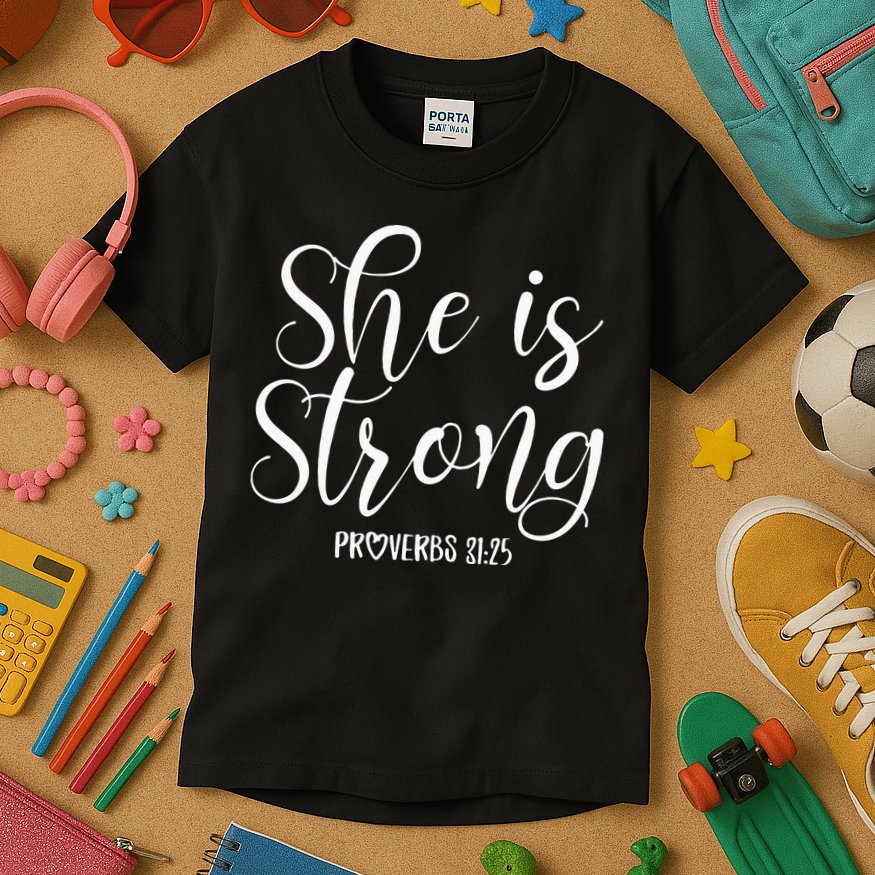 She Is Strong Proverbs 31 25 Gifts Christian Scripture Kids T-Shirt