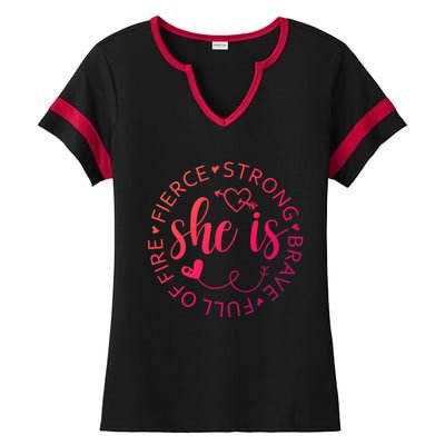 She Is Strong Fierce Brave Full Of Fire Feminist Strong Gift Ladies Halftime Notch Neck Tee