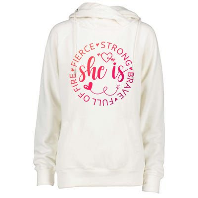 She Is Strong Fierce Brave Full Of Fire Feminist Strong Gift Womens Funnel Neck Pullover Hood