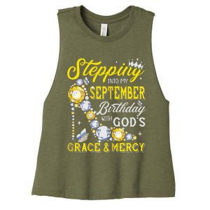 Stepping Into September Birthday With Gods Grace And Mercy Women's Racerback Cropped Tank