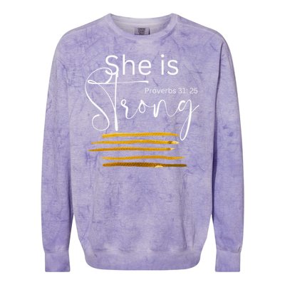 She Is Strong Proverbs 3125 Bible Verse Slogan Western Cross Colorblast Crewneck Sweatshirt