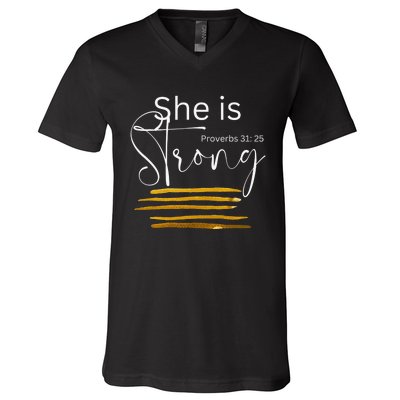 She Is Strong Proverbs 3125 Bible Verse Slogan Western Cross V-Neck T-Shirt