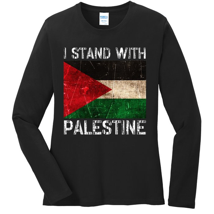 Support I Stand With Palestine Free Palestine Flag Arabic Ladies Long Sleeve Shirt