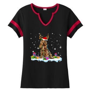 Santa Irish Setter Funny Christmas Lights Santa Reindeer Dog Gift Ladies Halftime Notch Neck Tee