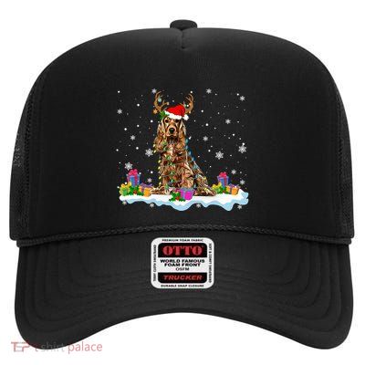 Santa Irish Setter Funny Christmas Lights Santa Reindeer Dog Gift High Crown Mesh Back Trucker Hat