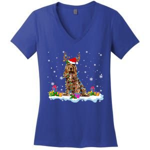 Santa Irish Setter Funny Christmas Lights Santa Reindeer Dog Gift Women's V-Neck T-Shirt