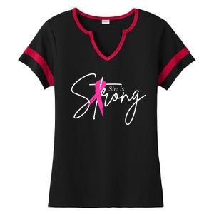 She Is Strong Breast Cancer Awareness Ribbon Ladies Halftime Notch Neck Tee