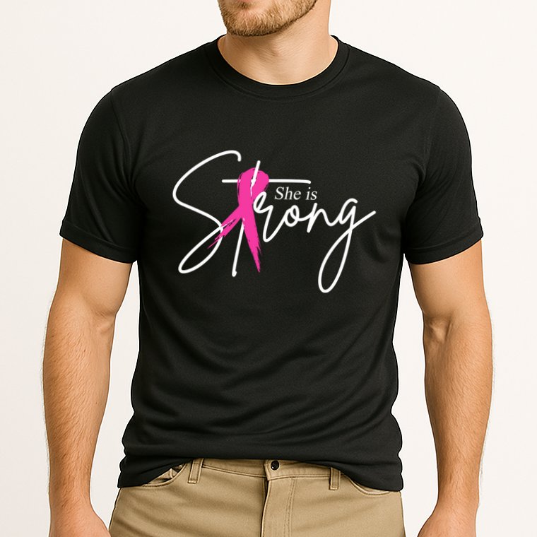 She Is Strong Breast Cancer Awareness Ribbon Cooling Performance Crew T-Shirt