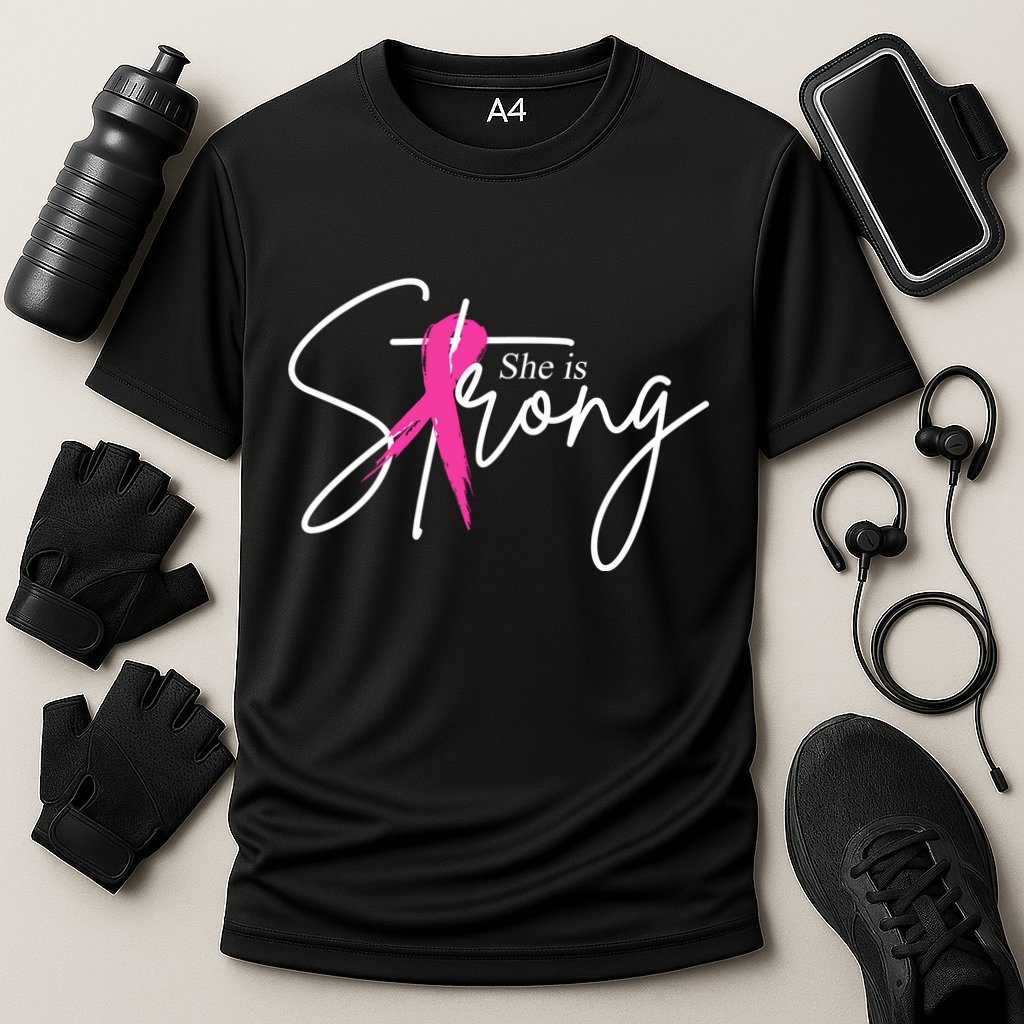 She Is Strong Breast Cancer Awareness Ribbon Cooling Performance Crew T-Shirt