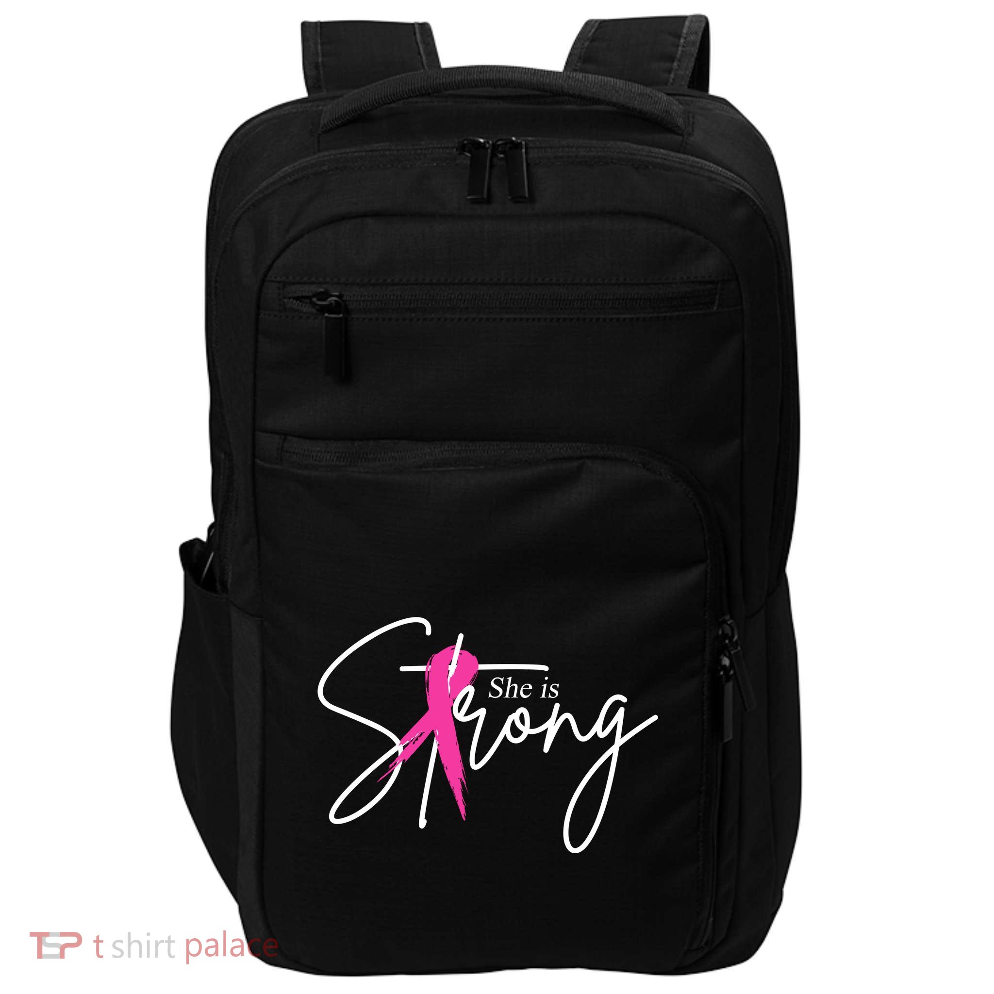 She Is Strong Breast Cancer Awareness Ribbon Impact Tech Backpack