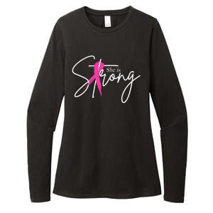 She Is Strong Breast Cancer Awareness Ribbon Womens CVC Long Sleeve Shirt